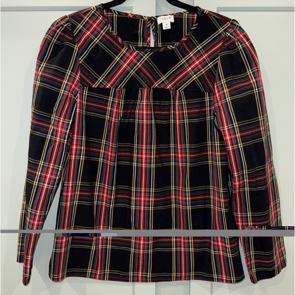 J. Crew Black Plaid Tartan Puff Sleeve Top Size Small Long Sleeve Blouse